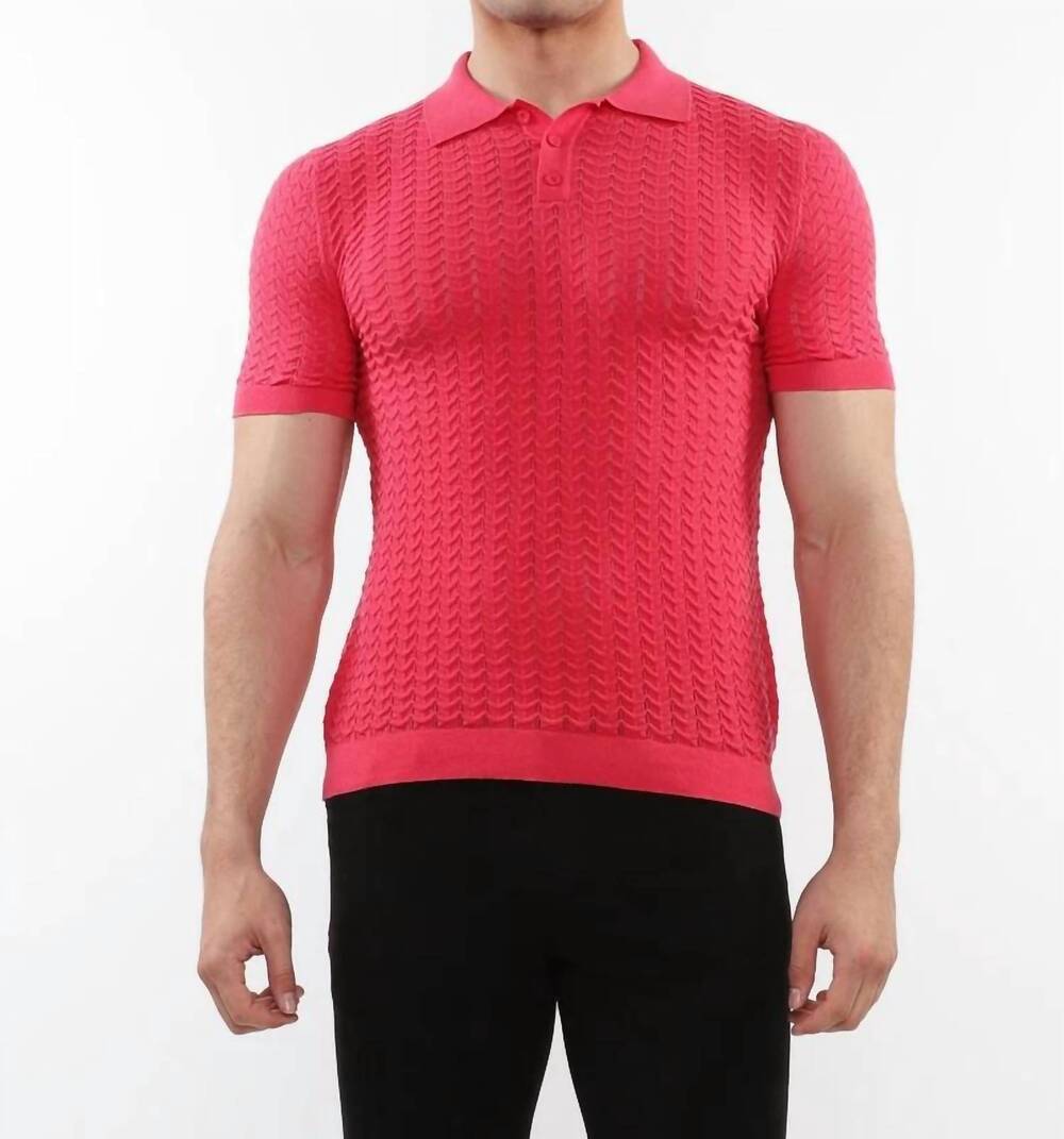 NEW POSTMARC textured chevron 3-button cotton knitted polo in coral